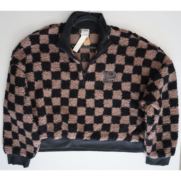 PINK x Victoria's Secret WMNs Sz XL Brown Checkered Cozy Fleece 1/2 Zip Pullover - Picture 9 of 10